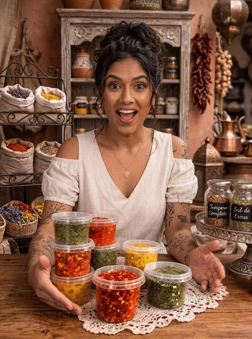 Aluna apresentando potinhos de tempero